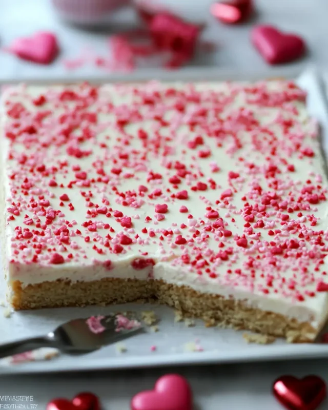 A delicious plate of White Texas Sheet Cake for Valentine’s Day