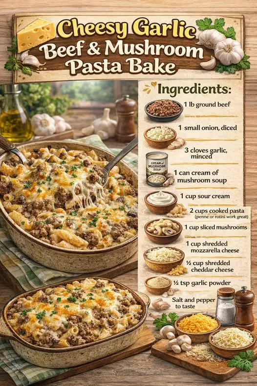 Cheesy Garlic Beef & Mushroom Pasta Bake
