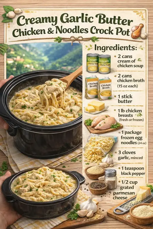 Creamy Garlic Butter Chicken & Noodles Crock Pot 🍗🧄