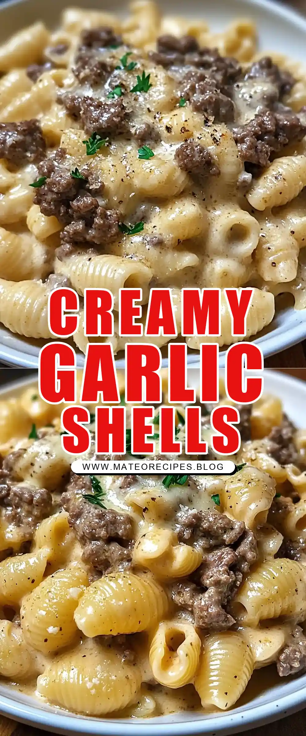 Pinterest pin (Design 1) for Creamy Beef and Shells in Garlic Parmesan Sauce