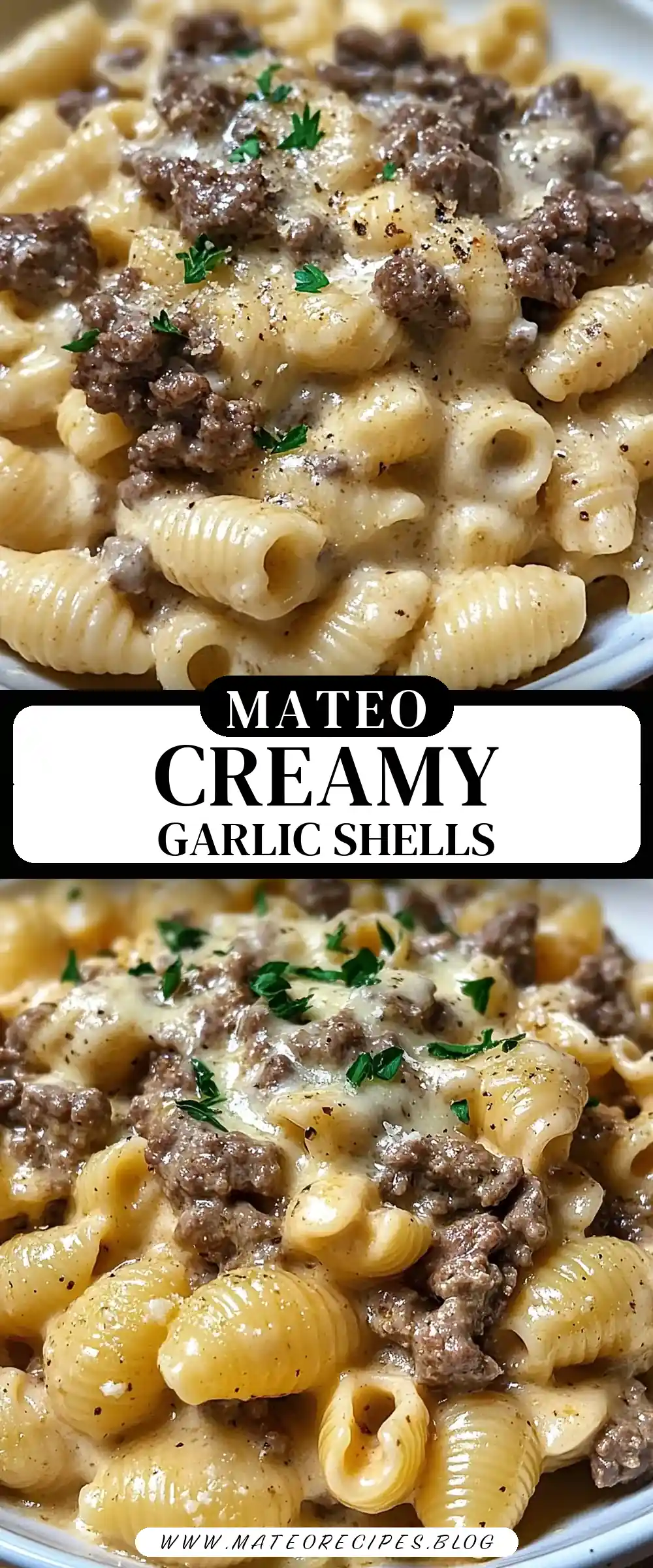 Pinterest pin (Design 3) for Creamy Beef and Shells in Garlic Parmesan Sauce