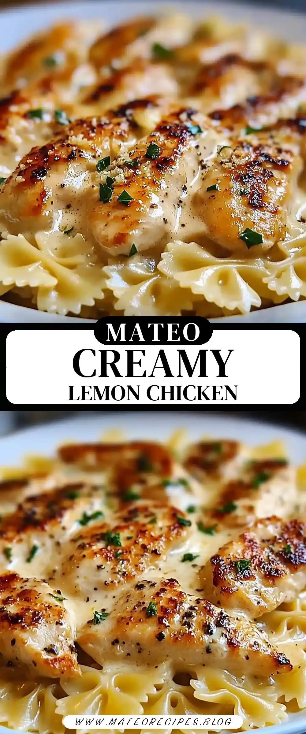 Pinterest pin (Design 3) for Easy Creamy Lemon Garlic Chicken with Parmesan Bowtie Pasta