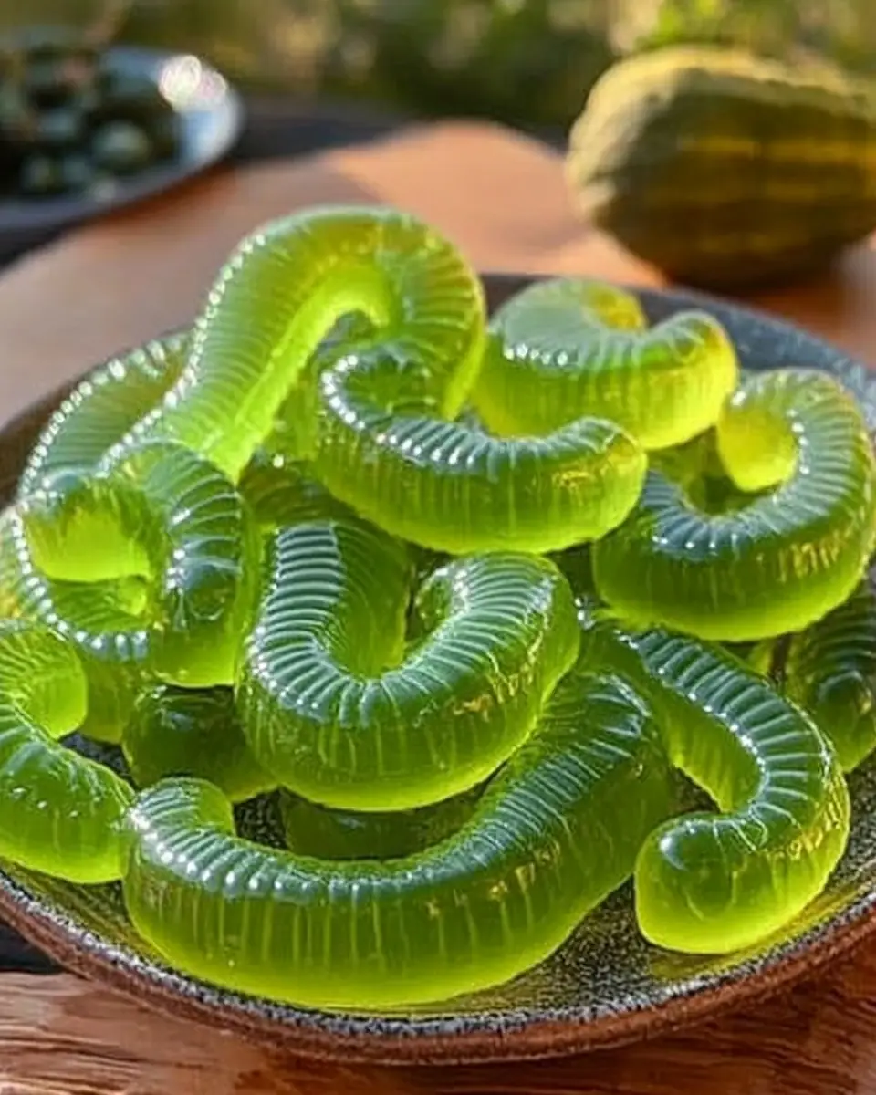 A delicious plate of Homemade Dill Pickle Gummy Worms 🥒🪱