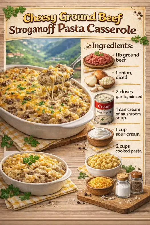 Cheesy Ground Beef Stroganoff Pasta Casserole