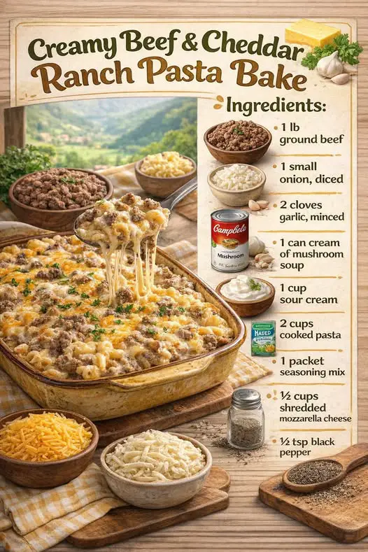 Creamy Beef & Cheddar Ranch Pasta Bake
