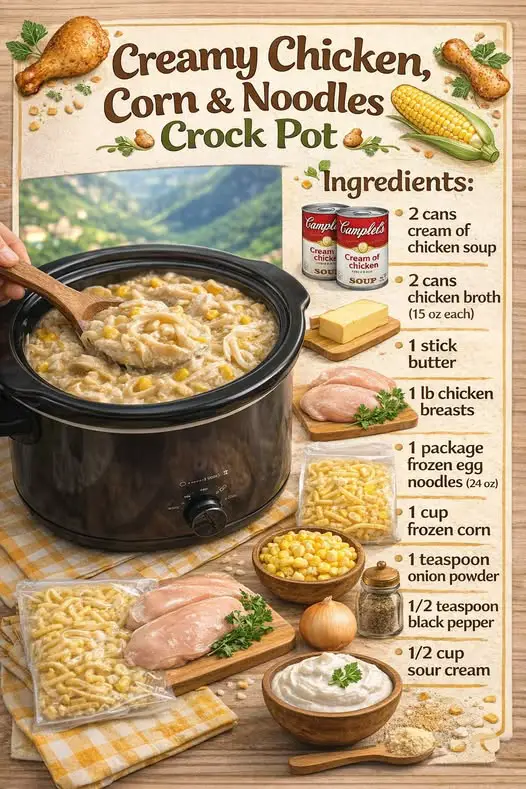 Creamy Chicken, Corn & Noodles Crock Pot 🍗🌽