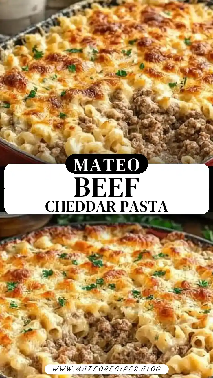 Pinterest pin (Design 3) for Creamy Beef & Cheddar Ranch Pasta Bake