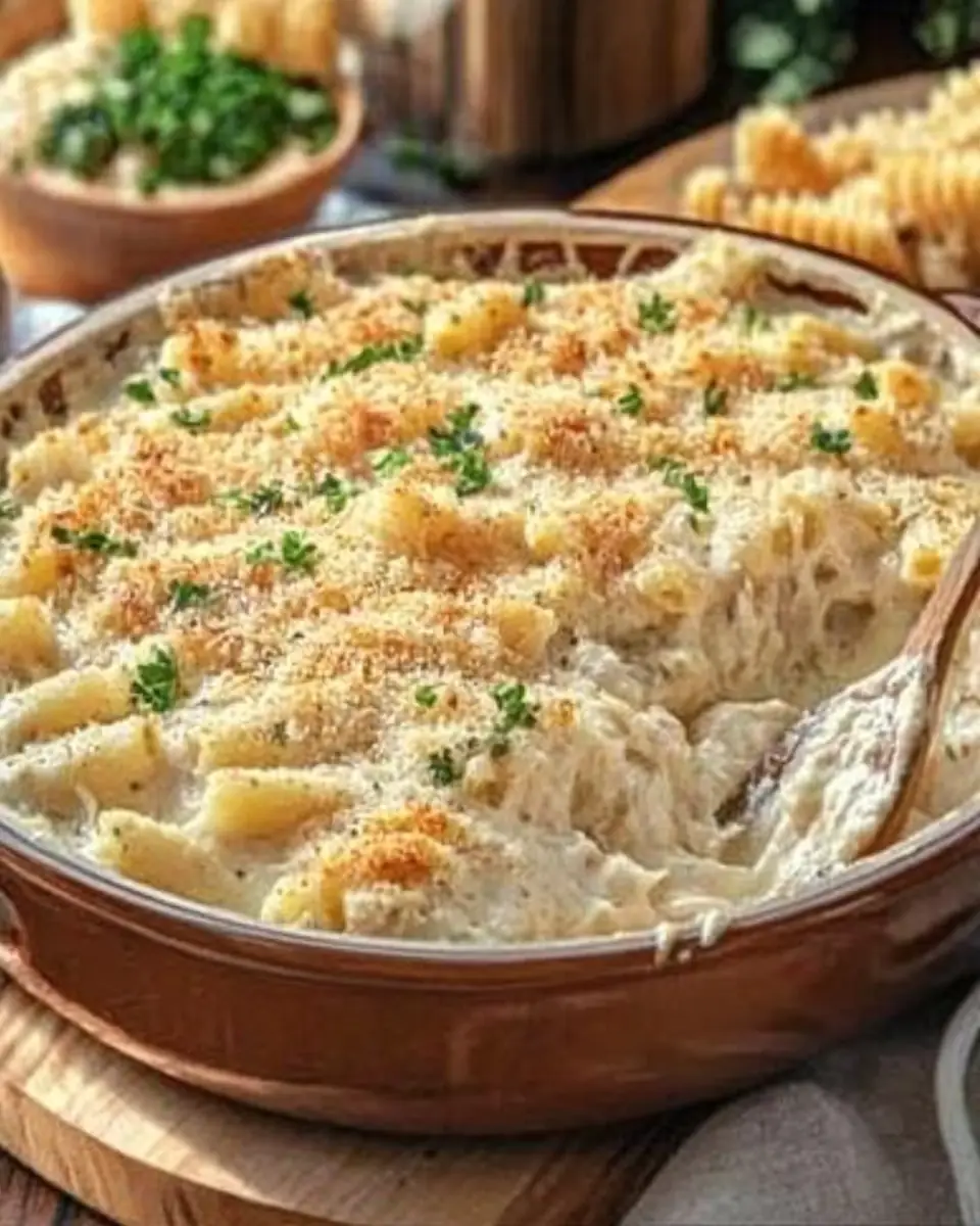 A delicious plate of Baked Creamy Chicken Alfredo Casserole