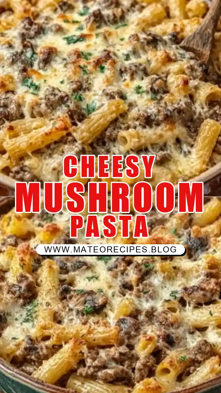 Pinterest pin (Design 1) for Cheesy Garlic Beef & Mushroom Pasta Bake