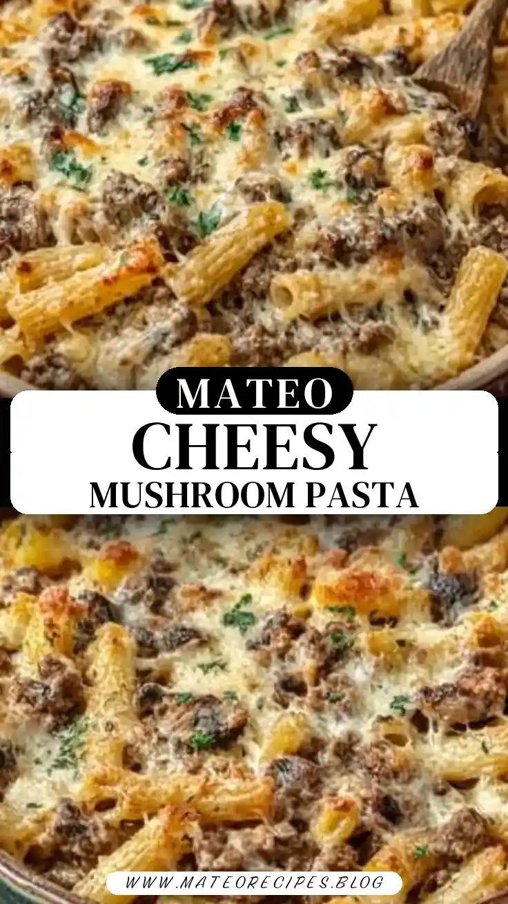 Pinterest pin (Design 3) for Cheesy Garlic Beef & Mushroom Pasta Bake