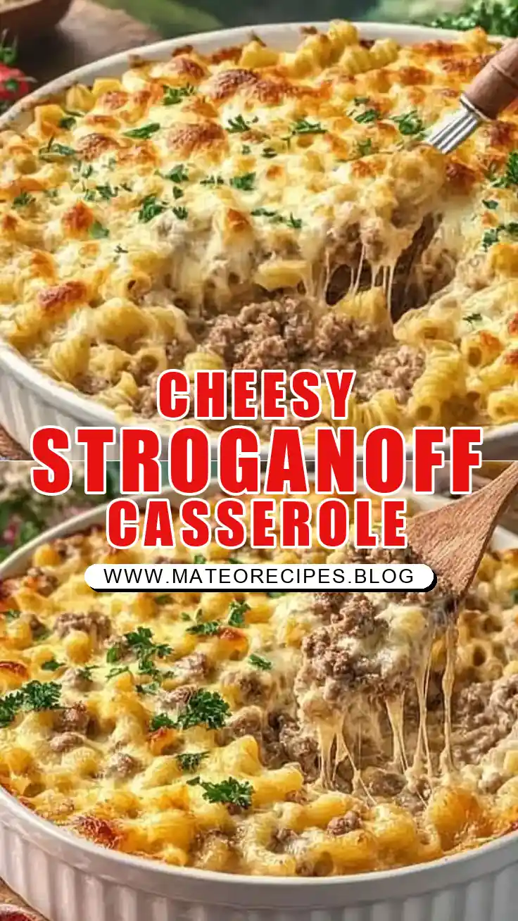 Pinterest pin (Design 1) for Cheesy Ground Beef Stroganoff Pasta Casserole