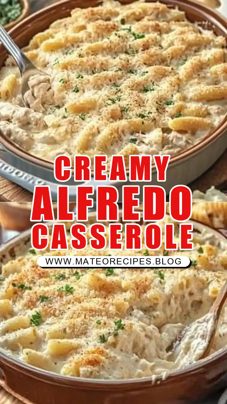 Pinterest pin (Design 1) for Baked Creamy Chicken Alfredo Casserole