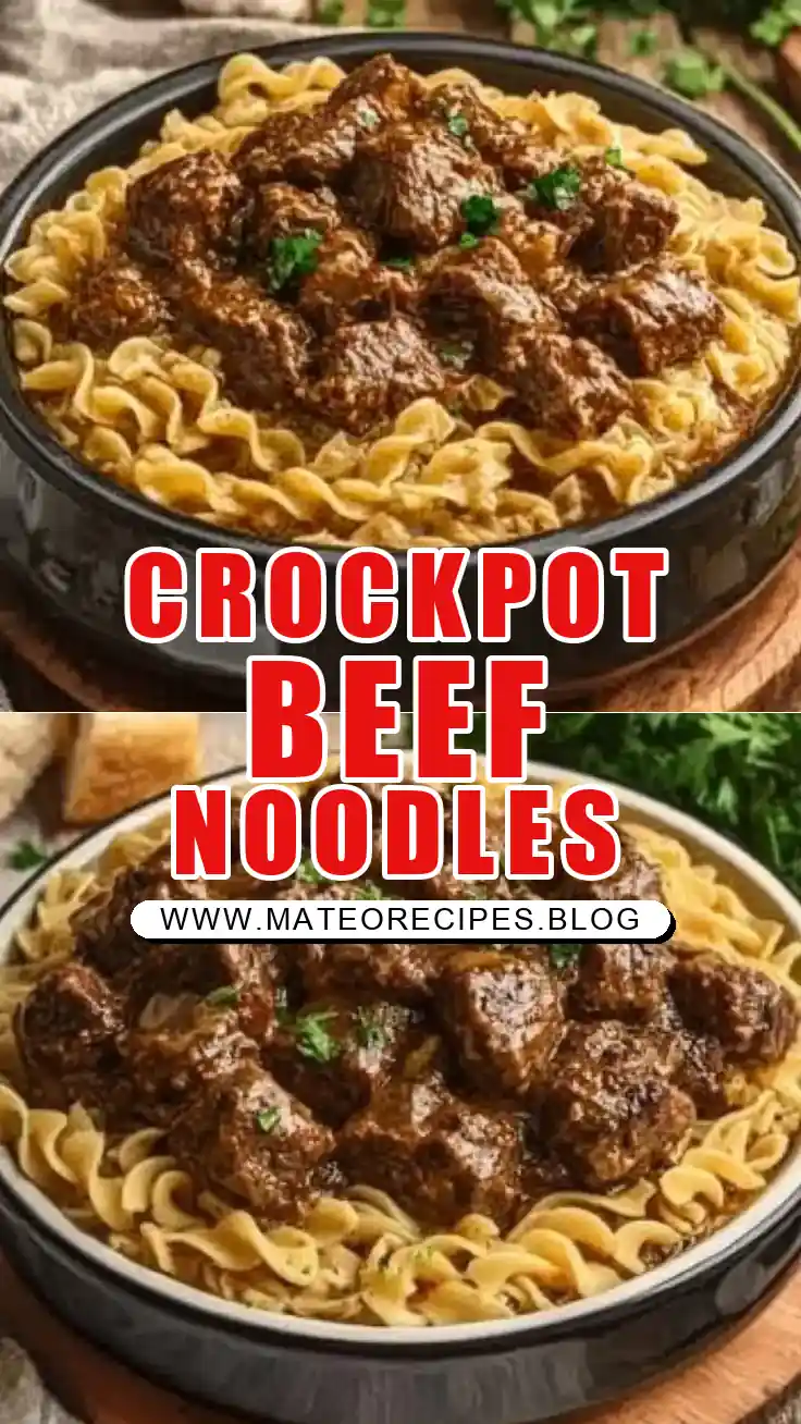 Pinterest pin (Design 1) for Crockpot Beef Tips & Noodles