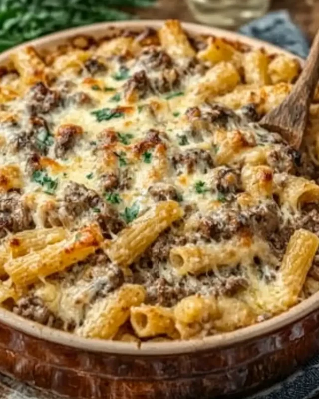 A delicious plate of Cheesy Garlic Beef & Mushroom Pasta Bake