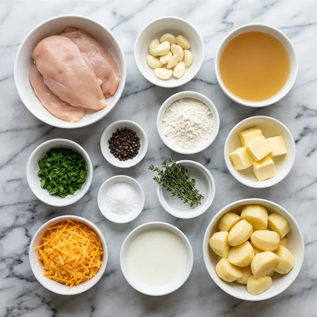 Ingredients for Chicken and Garlic Gravy with Cheesy Mashed Potatoes