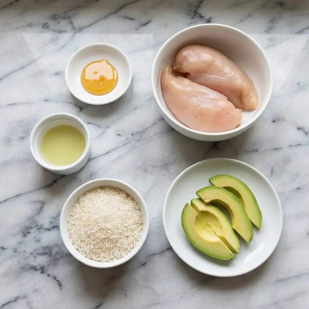 Ingredients for Honey Lime Chicken & Avocado Rice Stack