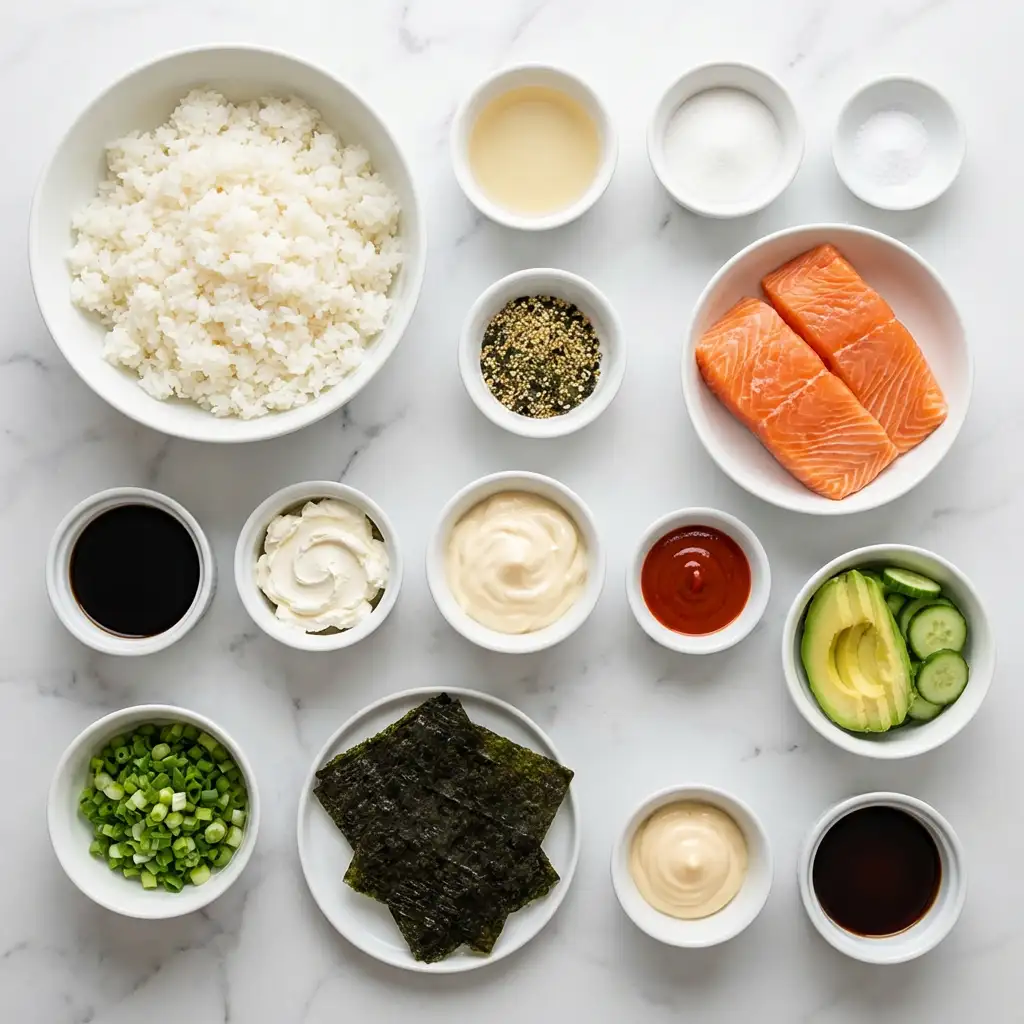 Ingredients for Spicy Salmon Sushi Bake