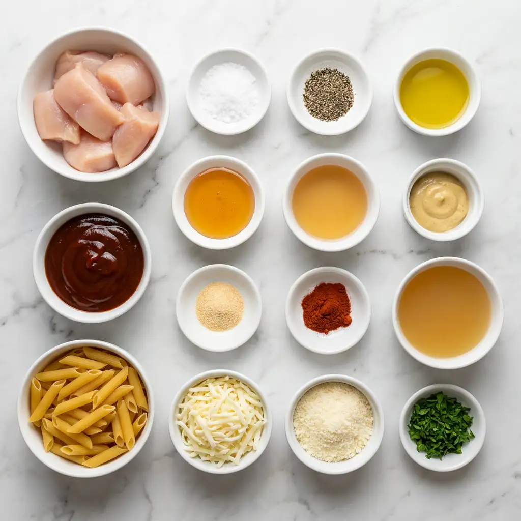 Ingredients for One-Pan Tangy Honey BBQ Chicken Penne