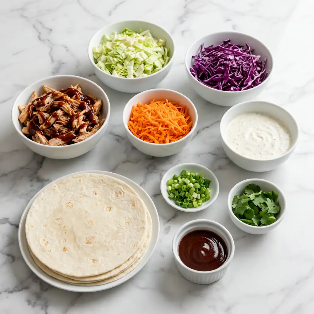 Ingredients for BBQ Chicken Coleslaw Wraps
