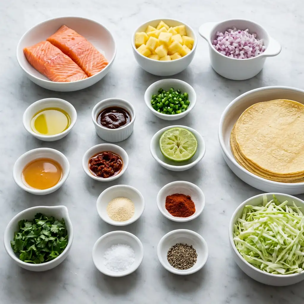 Ingredients for Chipotle Honey Salmon Tacos with Pineapple Salsa