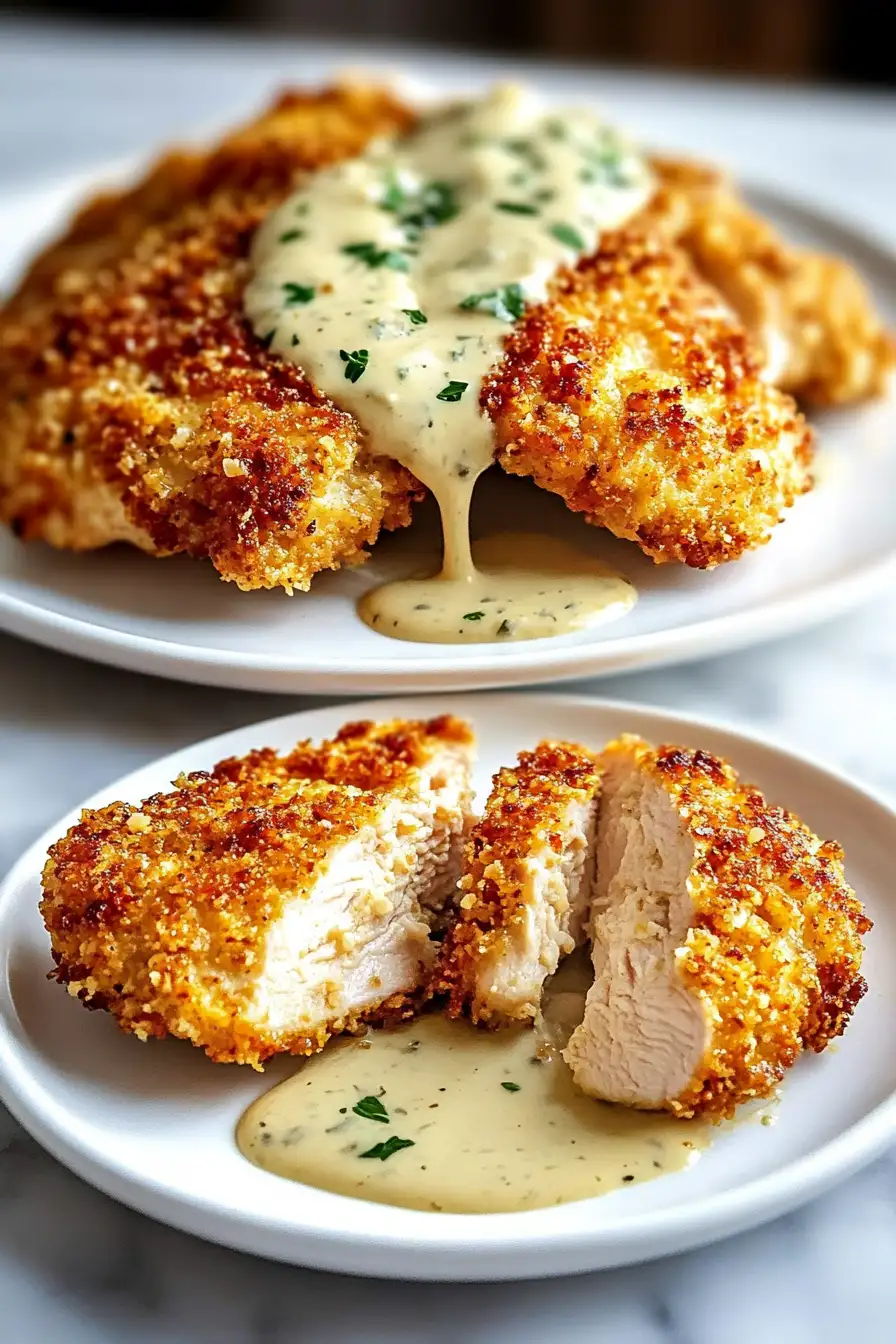 Parmesan Crusted Chicken with Creamy Garlic Sauce