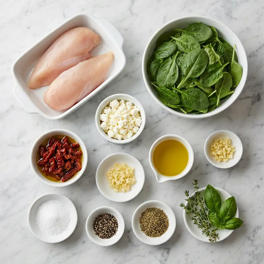 Ingredients for Rolled Up Chicken with Feta, Spinach, and Sun-Dried Tomatoes