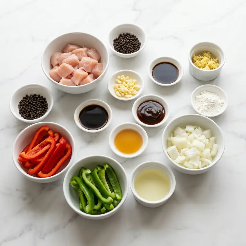 Ingredients for Sizzling Black Pepper Chicken with Crisp Veggies & Garlic Soy Glaze