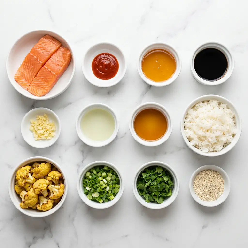 Ingredients for Sriracha Honey Salmon Bowls