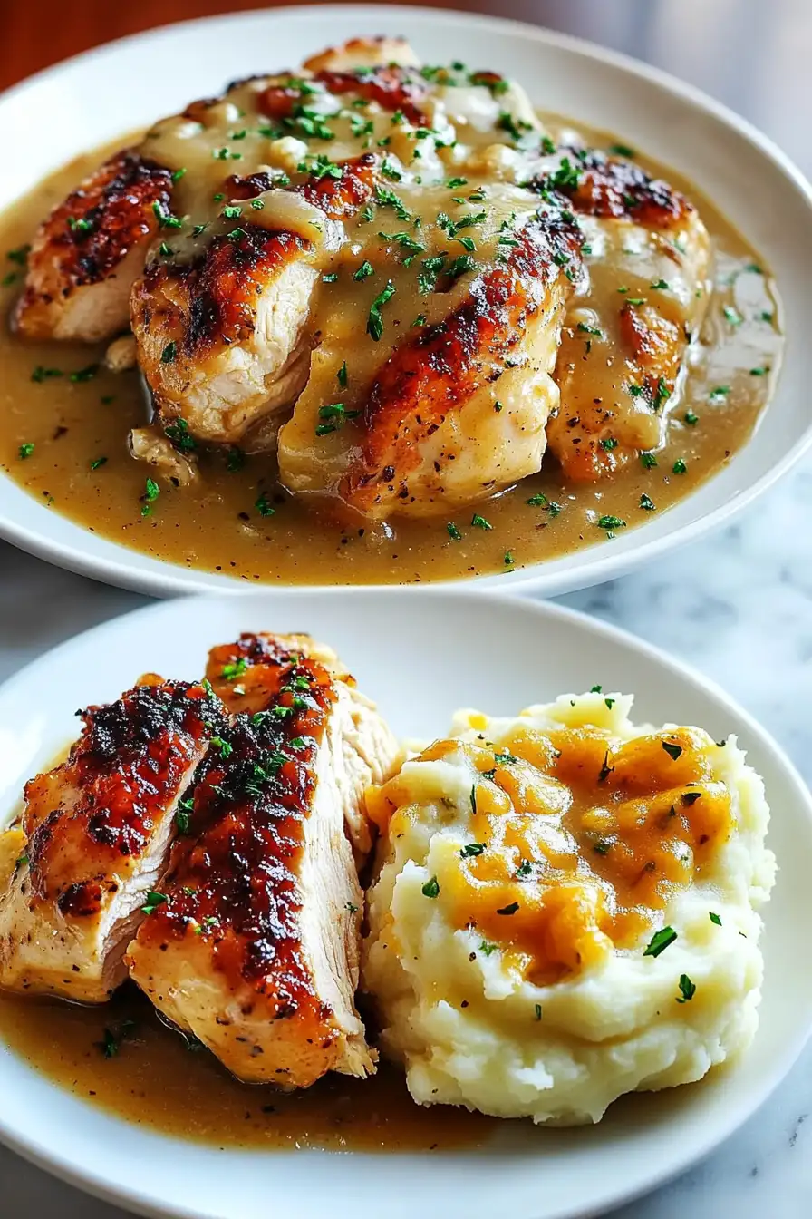 Chicken and Garlic Gravy with Cheesy Mashed Potatoes
