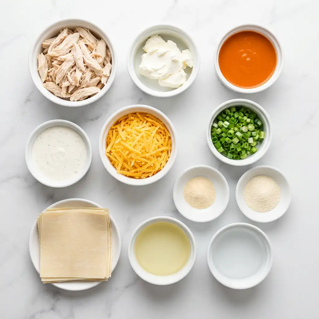 Ingredients for Buffalo Chicken Dip Egg Rolls