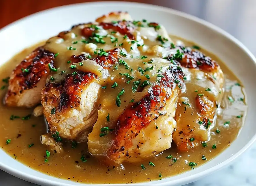 Chicken and Garlic Gravy with Cheesy Mashed Potatoes