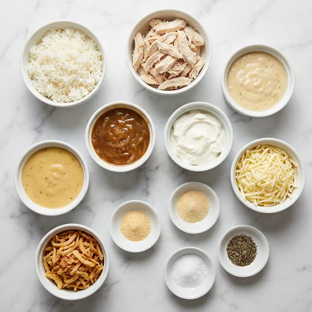 Ingredients for Cozy French Onion Chicken Rice Bake