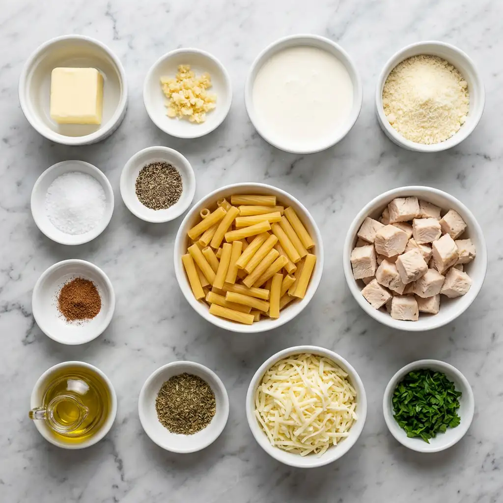 Ingredients for Chicken Alfredo Baked Ziti