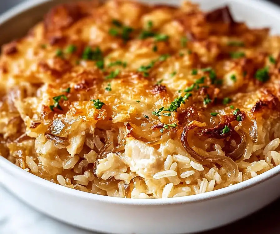 Cozy French Onion Chicken Rice Bake