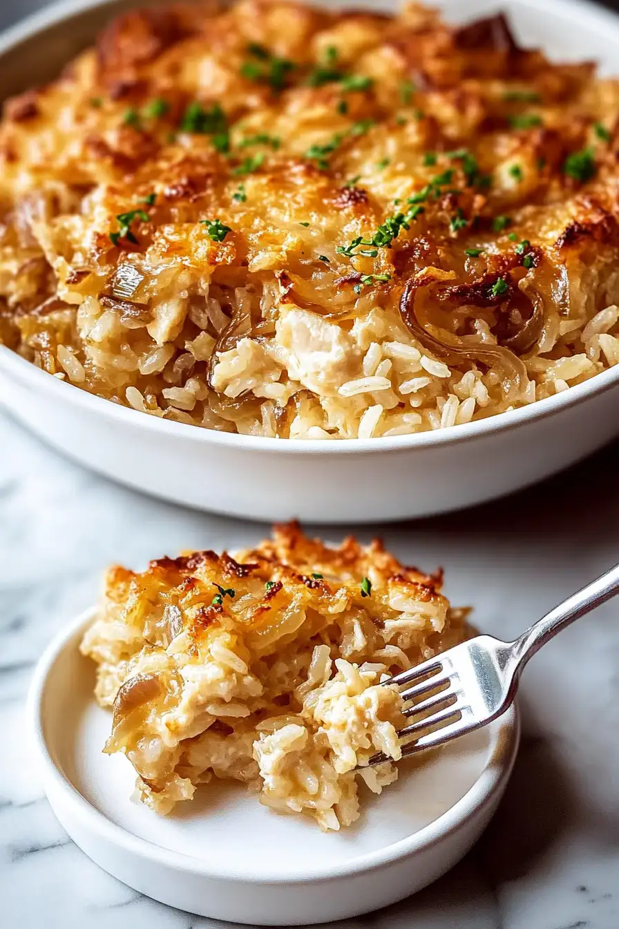 Cozy French Onion Chicken Rice Bake