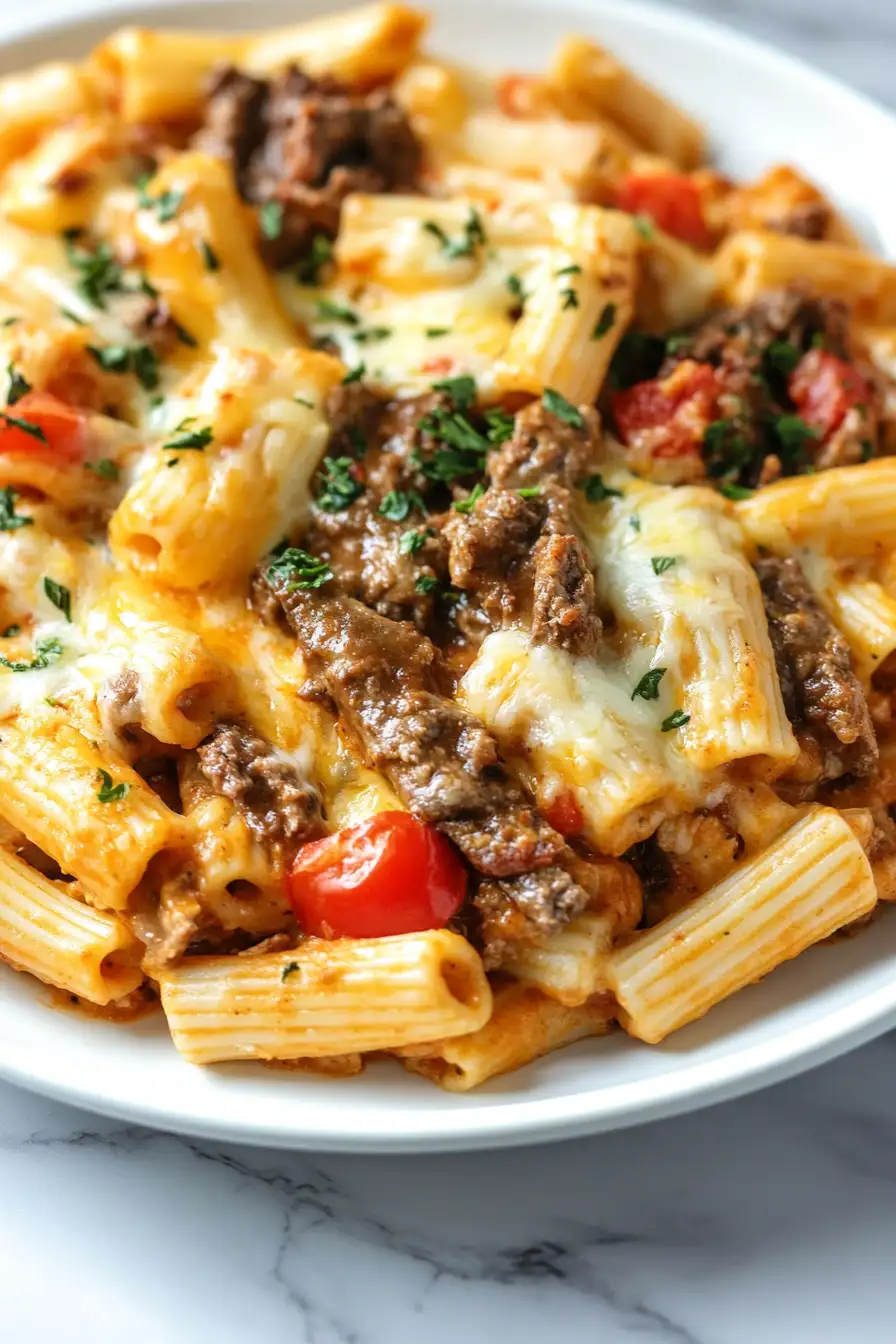 CROCKPOT PHILLY CHEESESTEAK PASTA CASSEROLE