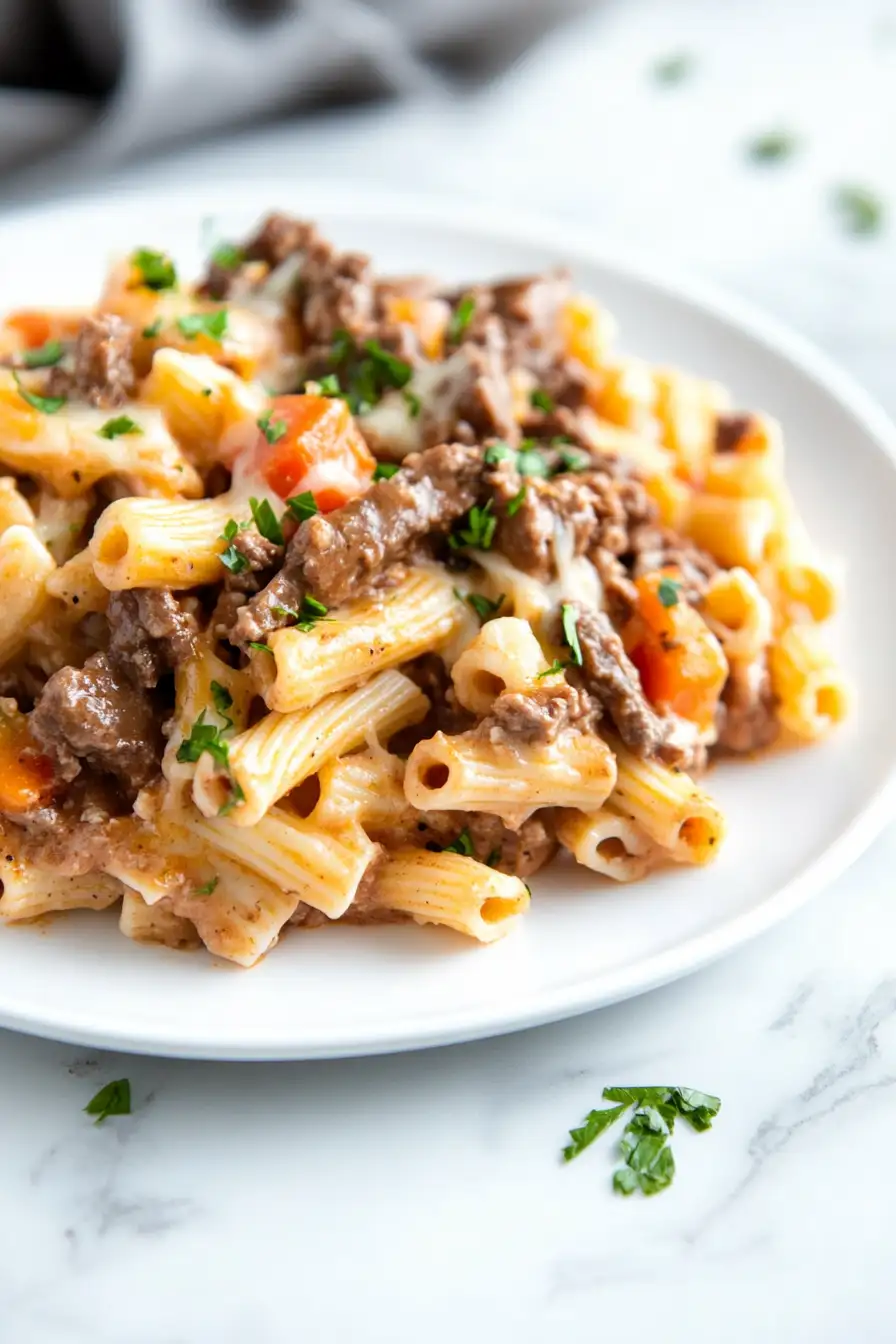 CROCKPOT PHILLY CHEESESTEAK PASTA CASSEROLE