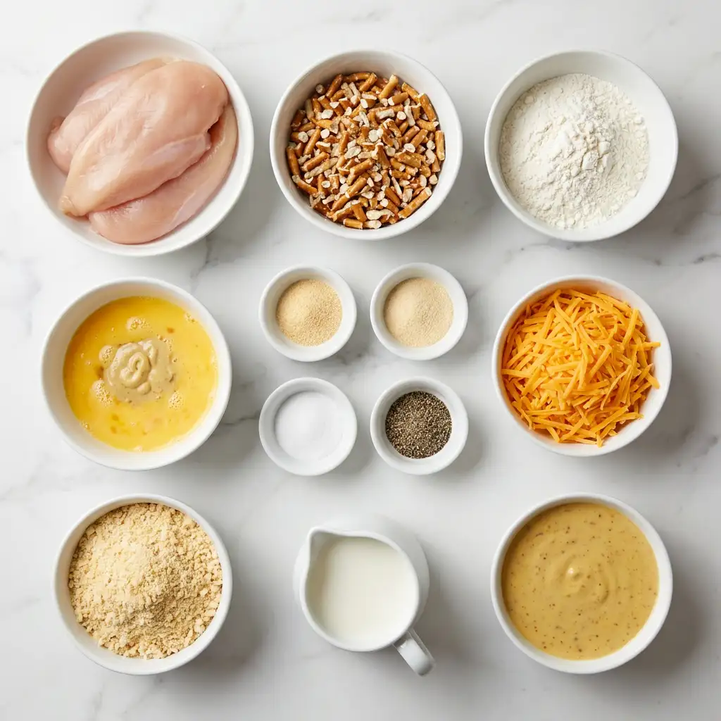 Ingredients for Pretzel Chicken with Mustard-Cheddar Sauce: An Amazing Ultimate Recipe