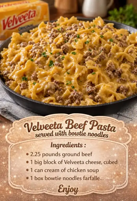 Velveeta Beef Pasta served with bowtie noodles