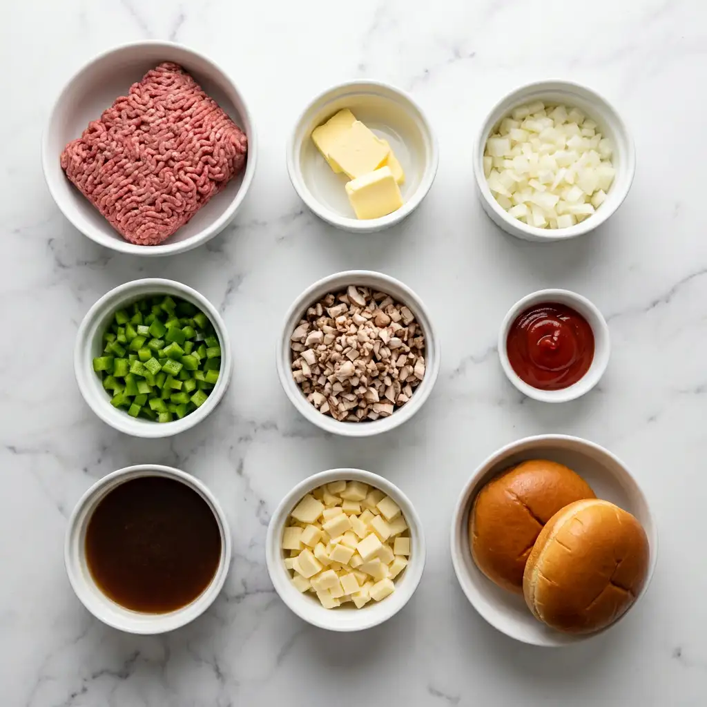 Ingredients for Gordon Ramsay Philly Cheesesteak Sloppy Joes (Ava-Style)