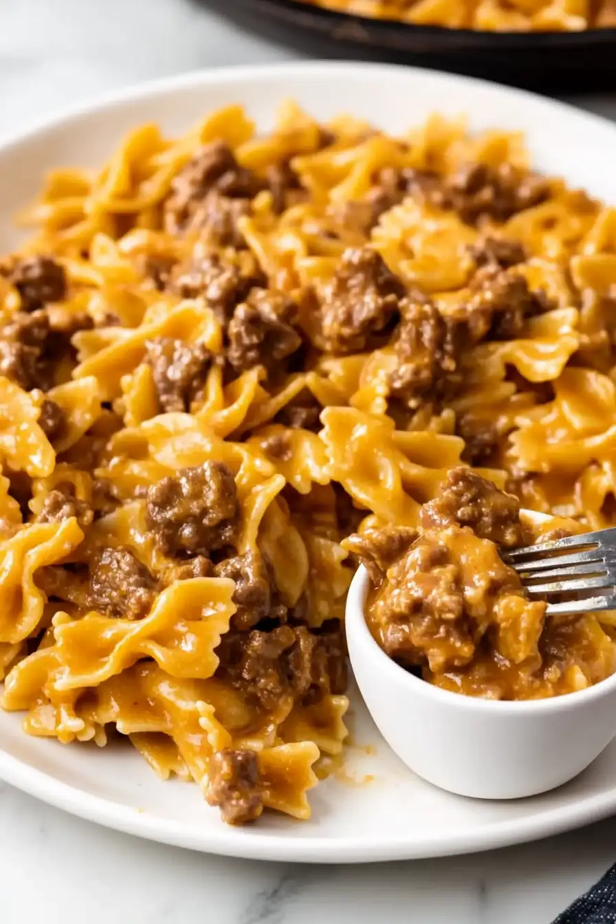 Velveeta Beef Pasta served with bowtie noodles