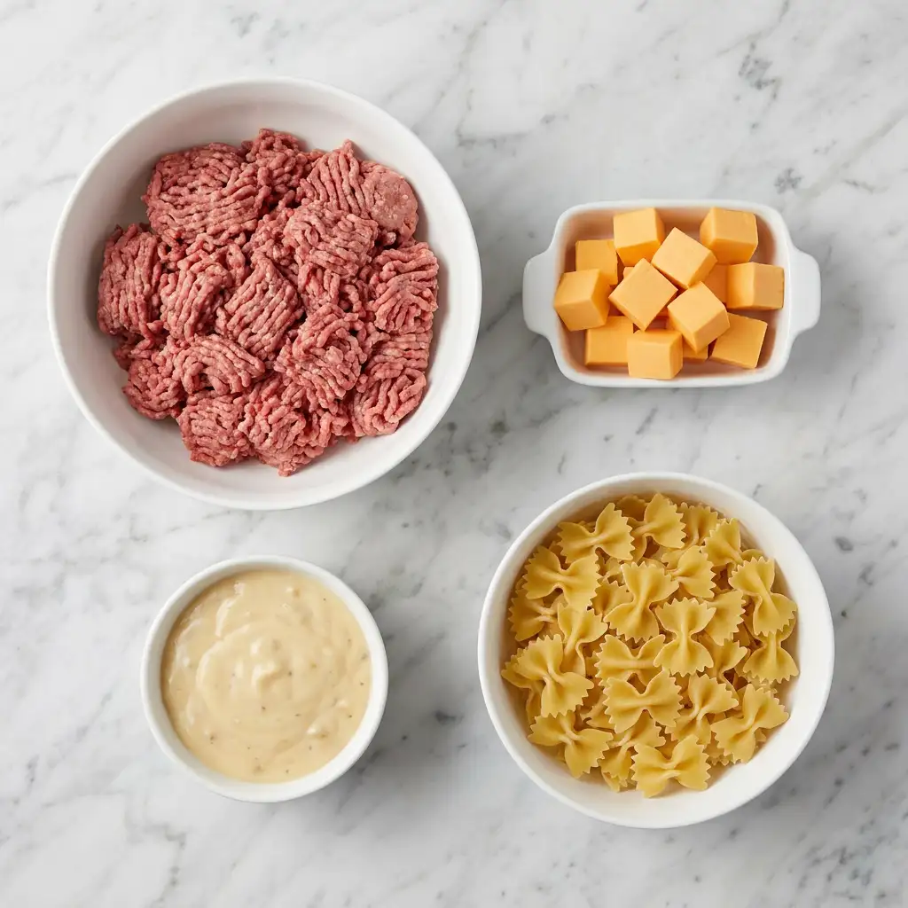 Ingredients for Velveeta Beef Pasta served with bowtie noodles