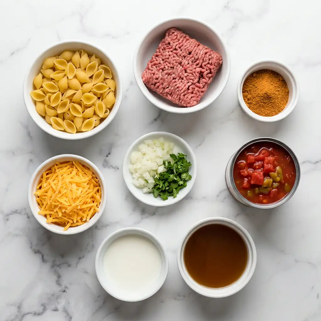 Ingredients for Cheesy Beef Taco Pasta