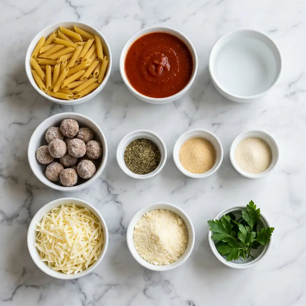 Ingredients for Dump and Bake Meatball Casserole