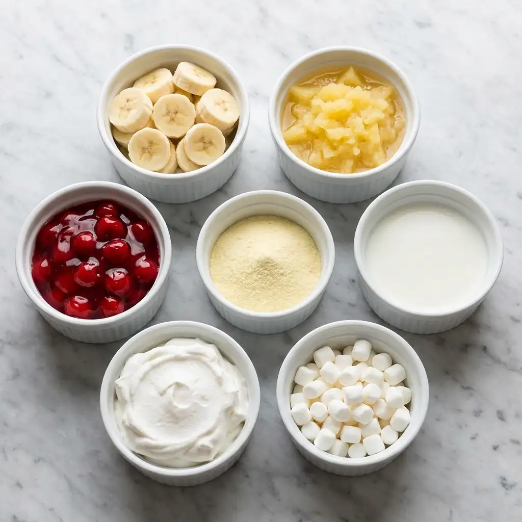 Ingredients for Banana Pineapple Cherry Fluff 🍌🍍🍒