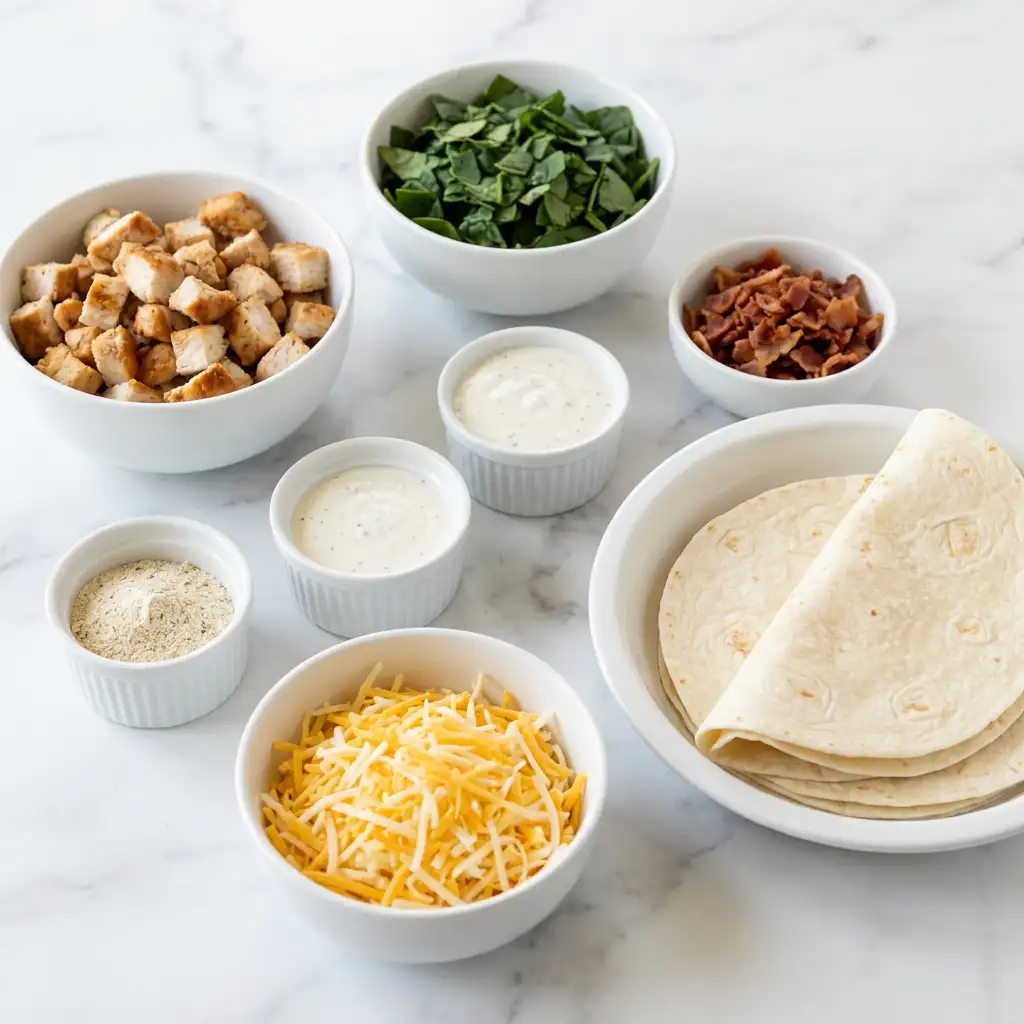 Ingredients for Crispy Chicken Bacon Ranch Wraps