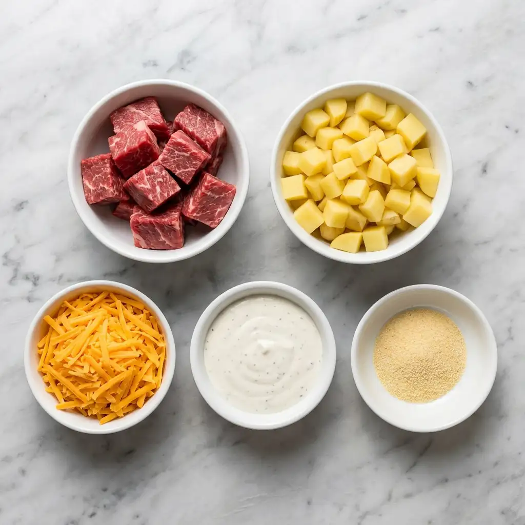 Ingredients for Crockpot Loaded Steak and Potato Bake