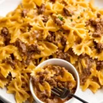 Velveeta Beef Pasta served with bowtie noodles