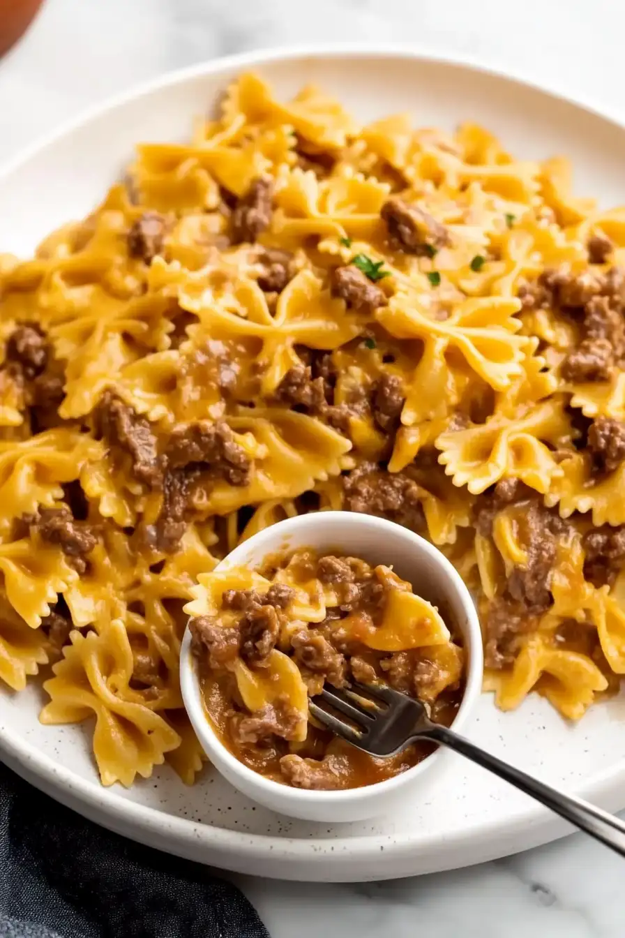 Velveeta Beef Pasta served with bowtie noodles