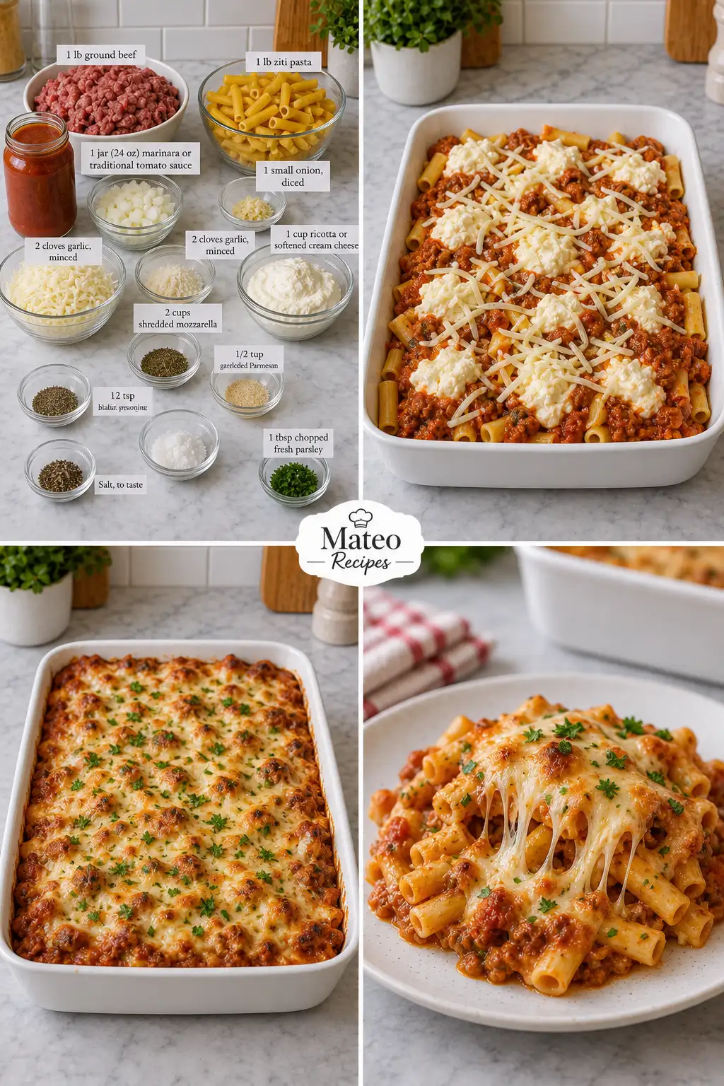 CHEESY BAKED ZITI WITH GROUND BEEF